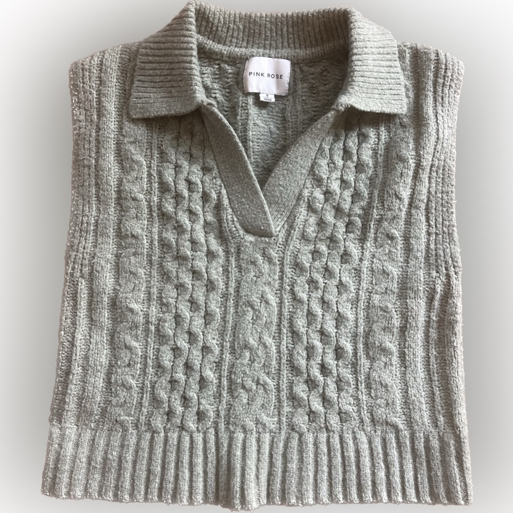 Pink Rose green collared cable knit sweater vest Women’s Small Preppy Y2K